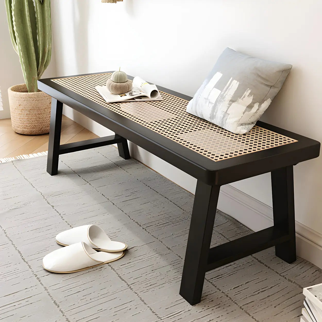 Black Bedroom Bench with Shoe Storage — Black (Metal & Wood) / Storage Not Included
