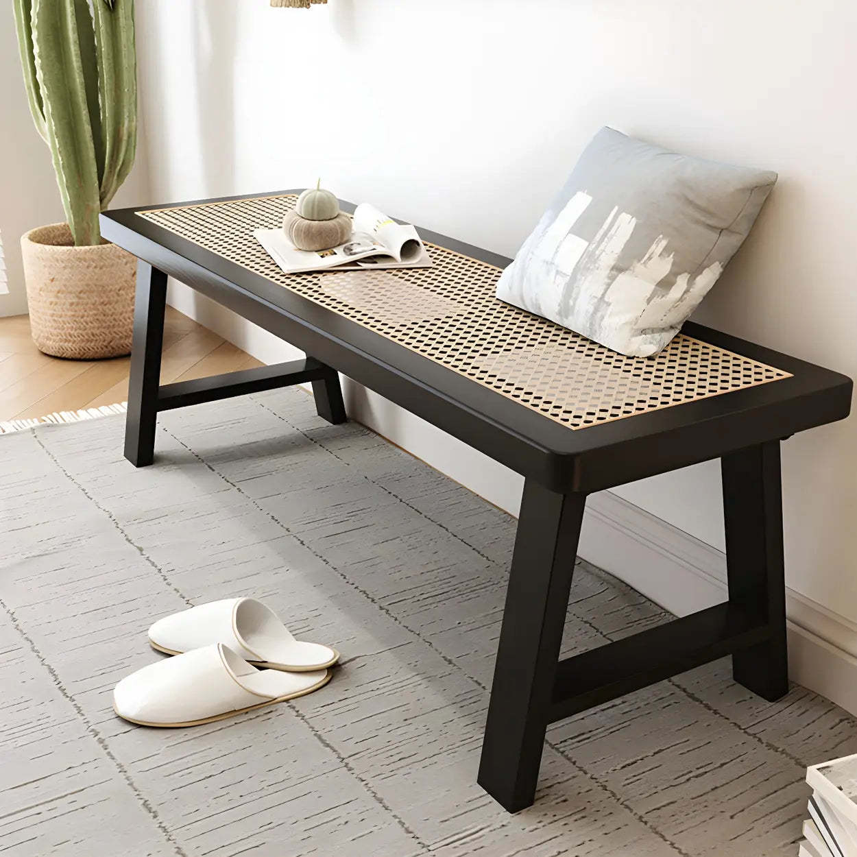 Black Bedroom Bench with Shoe Storage — Black (Metal & Wood) / Storage Not Included