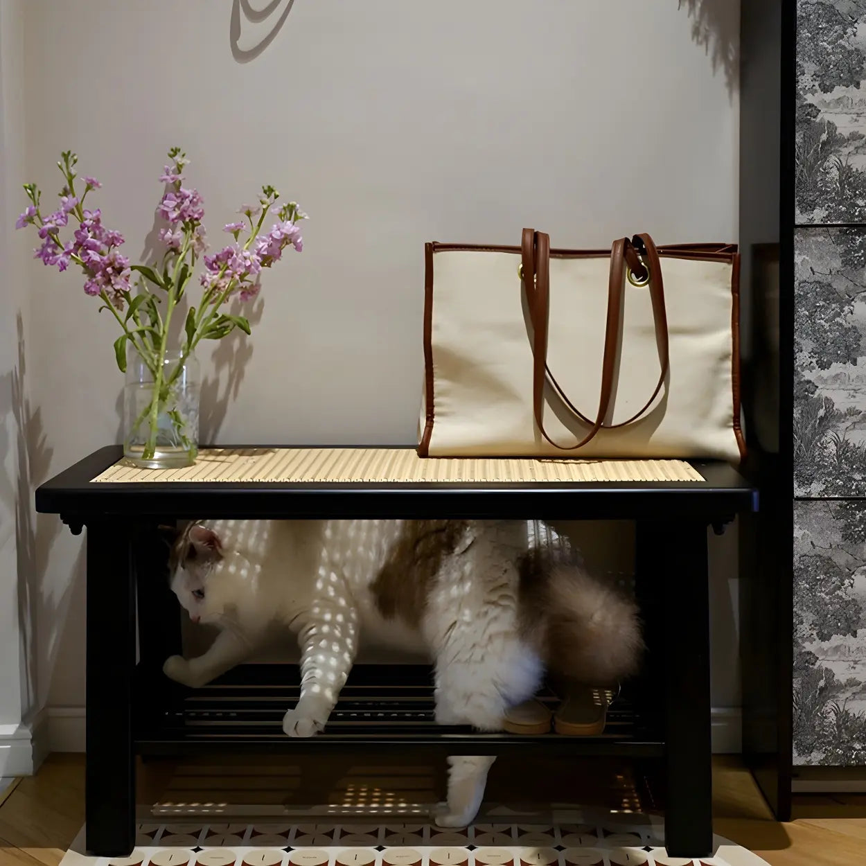 Black Bedroom Bench with Shoe Storage — Black (Metal & Wood) / Storage Not Included