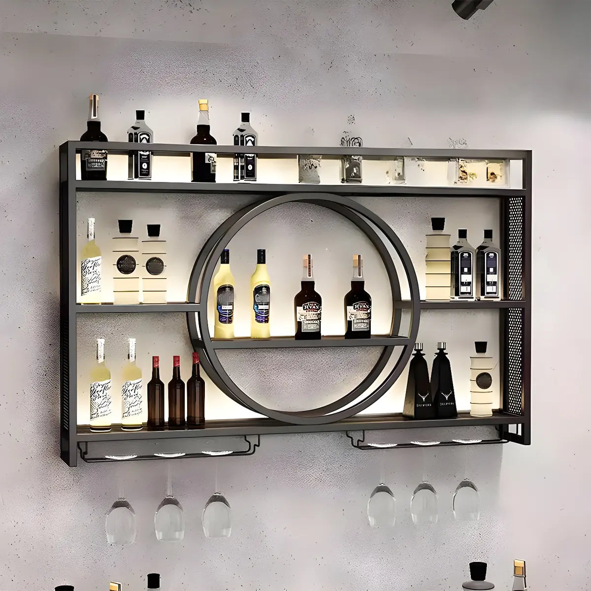 Black Circular Metal Wall Wine Rack with Shelf — Black