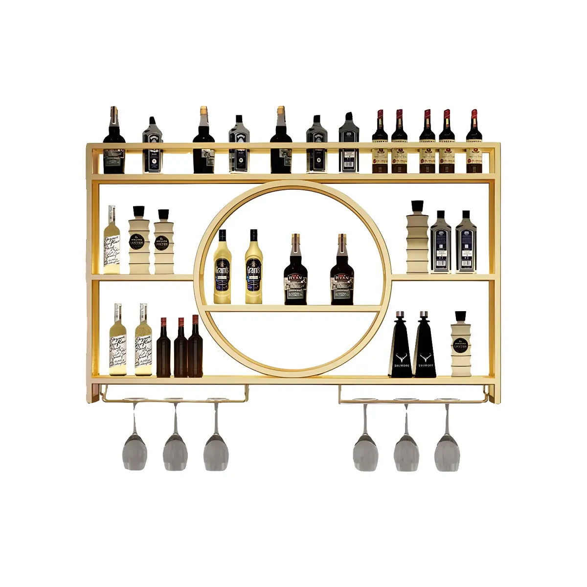 Black Circular Metal Wall Wine Rack with Shelf — Gold