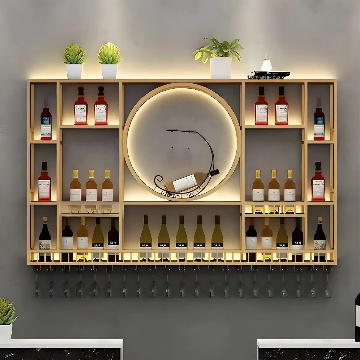 Black Circular Metal Wall Wine Rack with Shelf — Gold