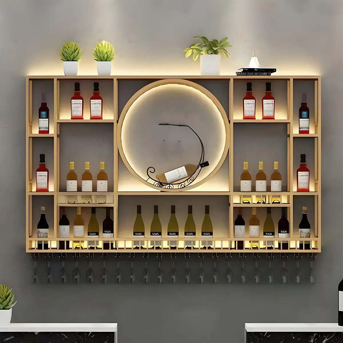 Black Circular Metal Wall Wine Rack with Shelf — Gold