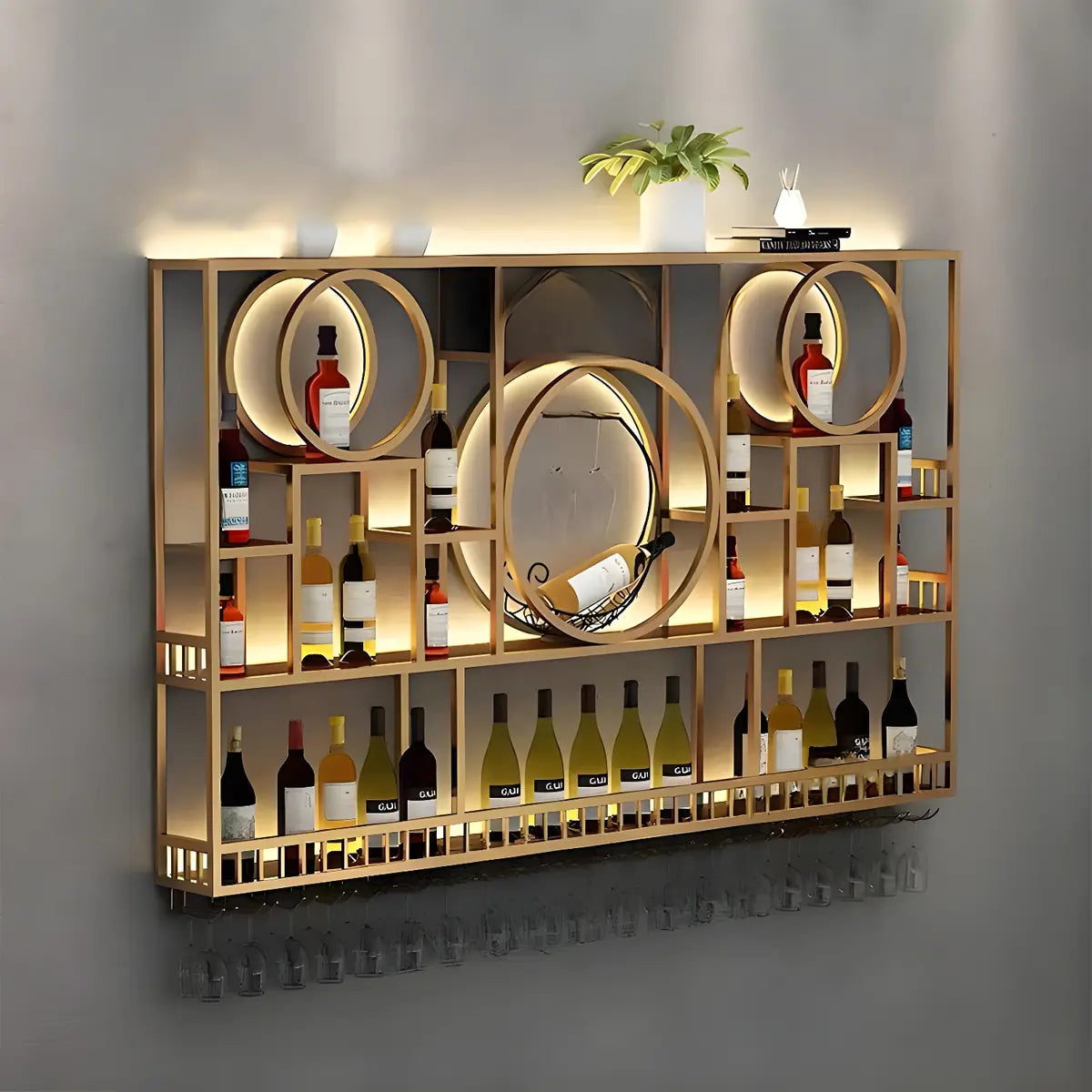 Black Circular Metal Wall Wine Rack with Shelf — Black