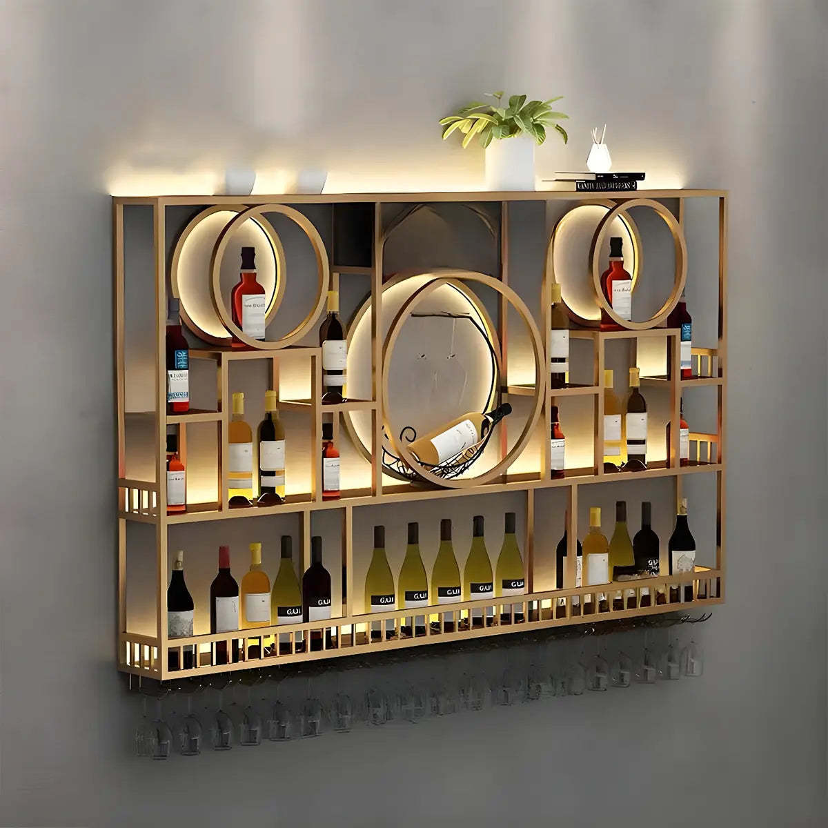 Black Circular Metal Wall Wine Rack with Shelf — Black