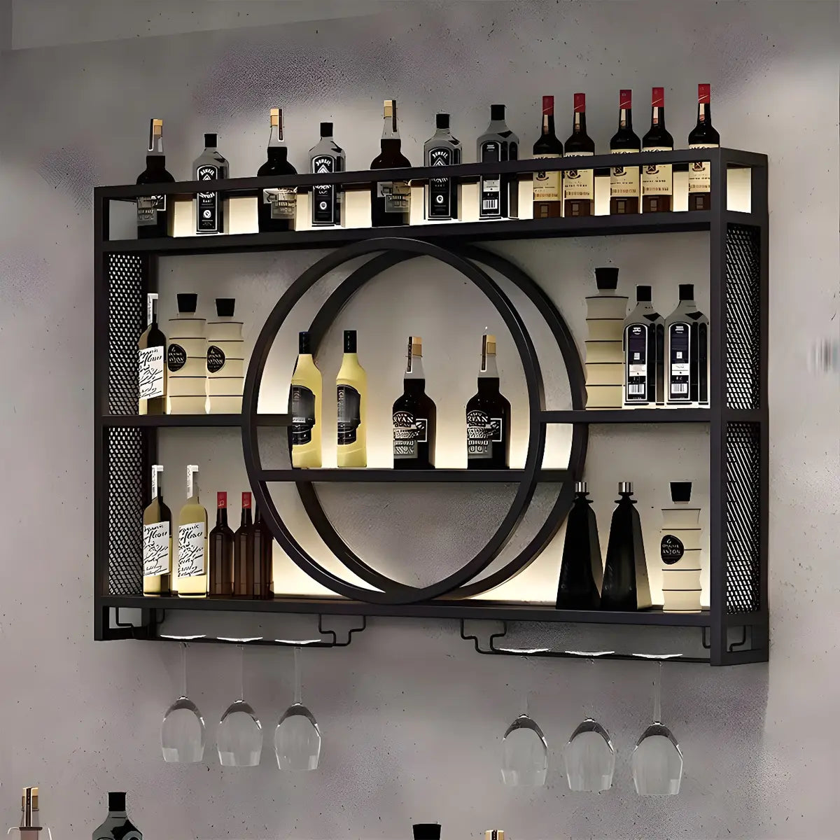 Black Circular Metal Wall Wine Rack with Shelf — Gold