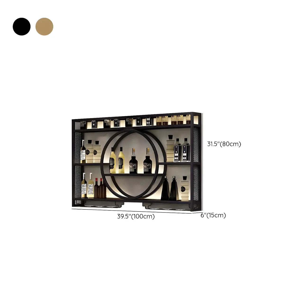 Black Circular Metal Wall Wine Rack with Shelf — Gold