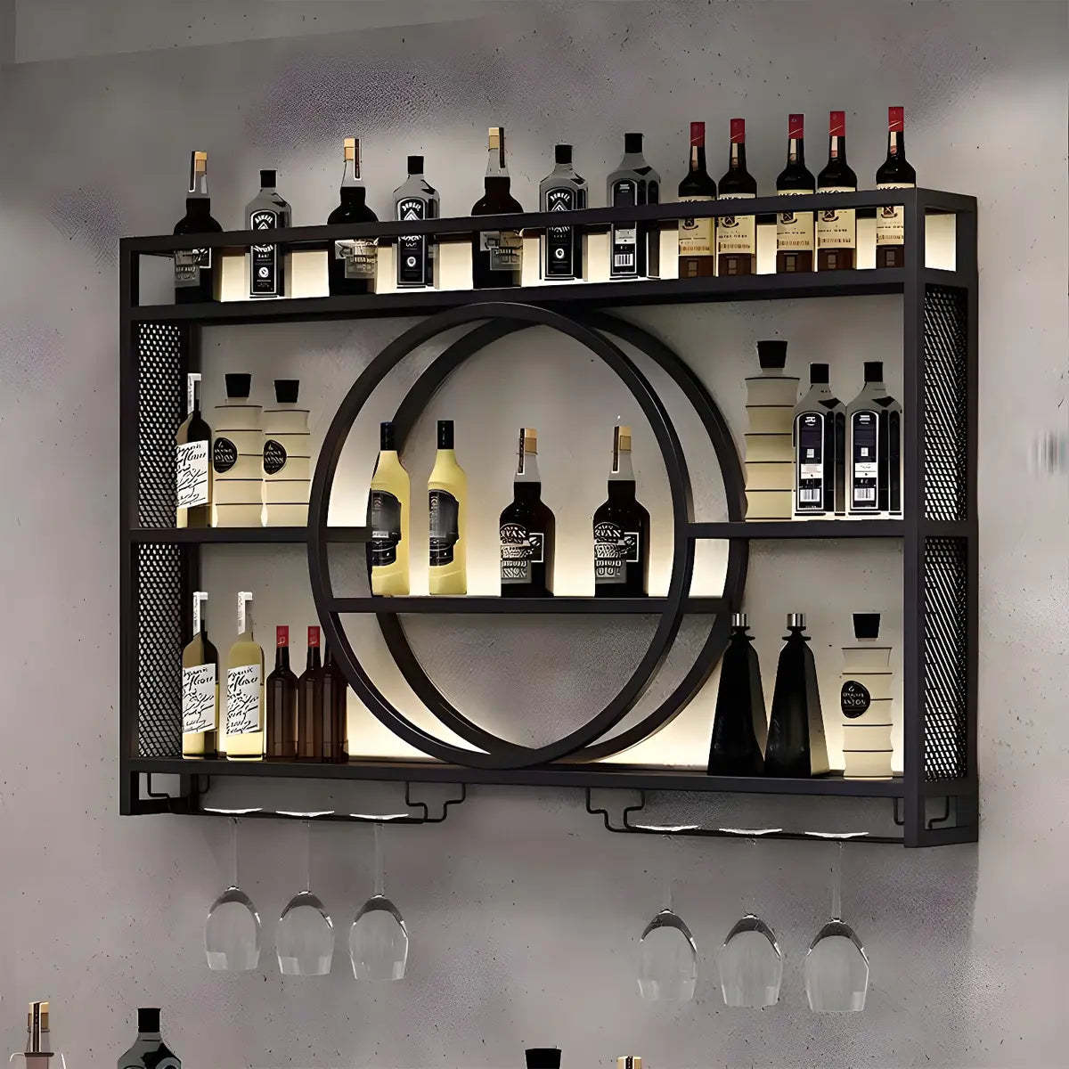 Black Circular Metal Wall Wine Rack with Shelf — Gold