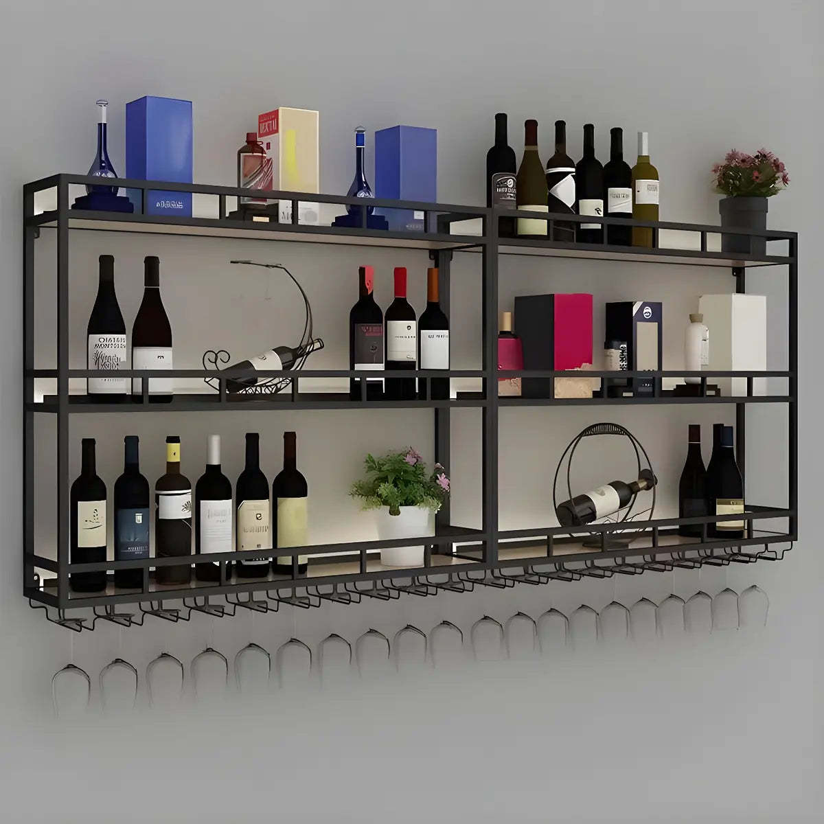 Black Circular Metal Wall Wine Rack with Shelf — Black
