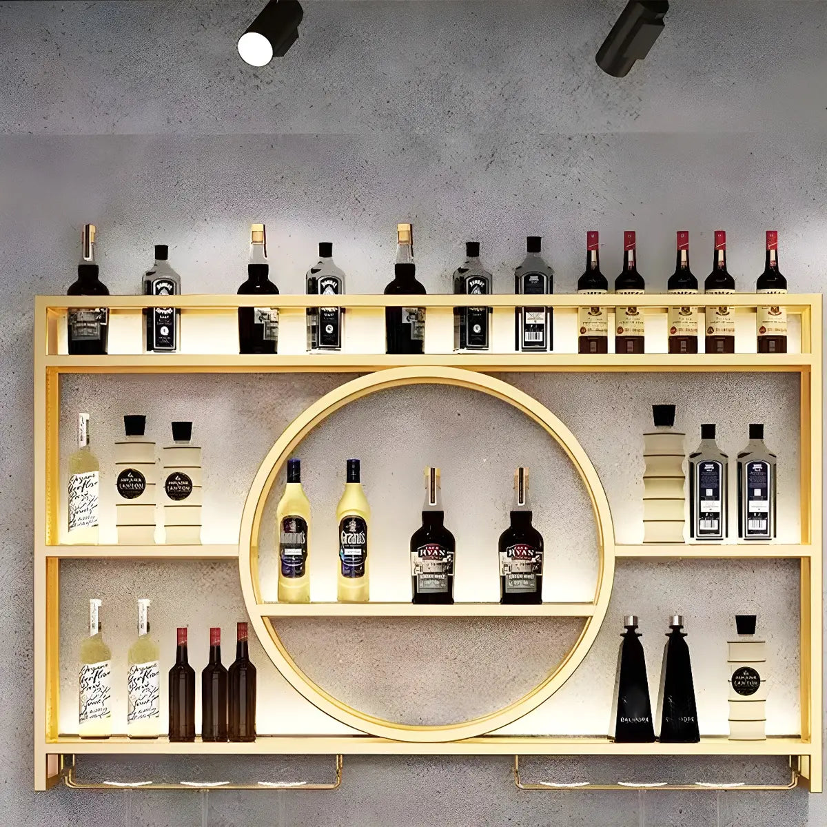 Black Circular Metal Wall Wine Rack with Shelf — Gold