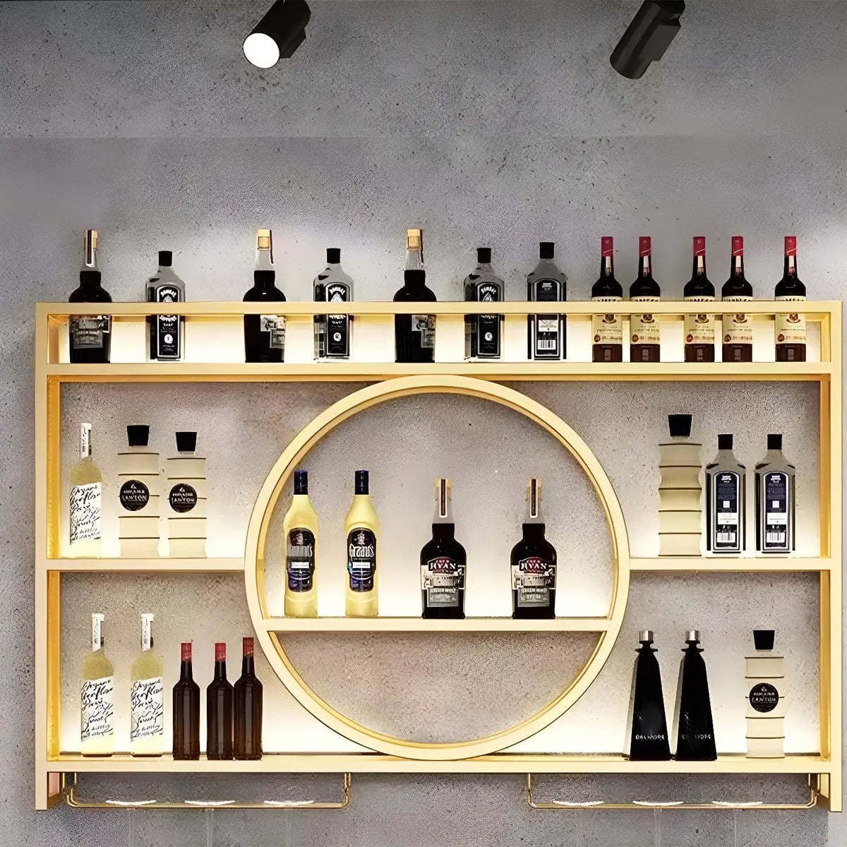 Black Circular Metal Wall Wine Rack with Shelf — Gold