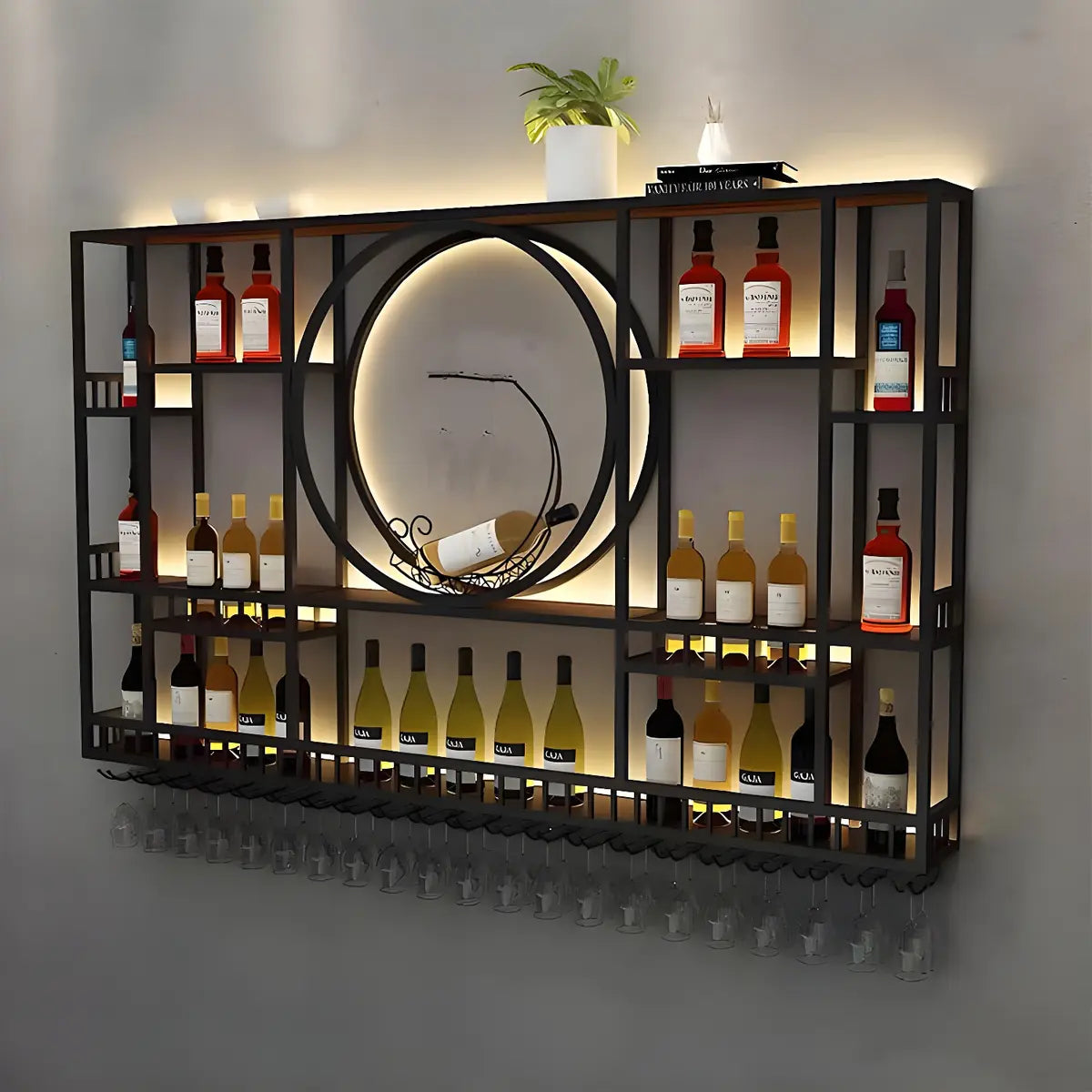 Black Circular Metal Wall Wine Rack with Shelf — Black