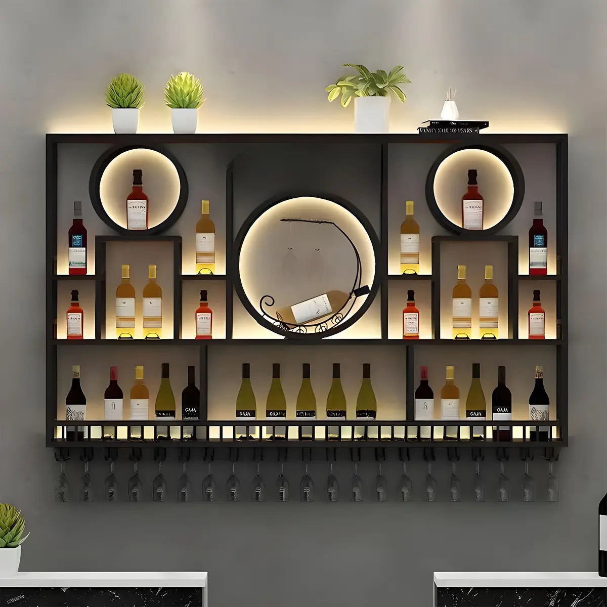 Black Circular Metal Wall Wine Rack with Shelf — Black