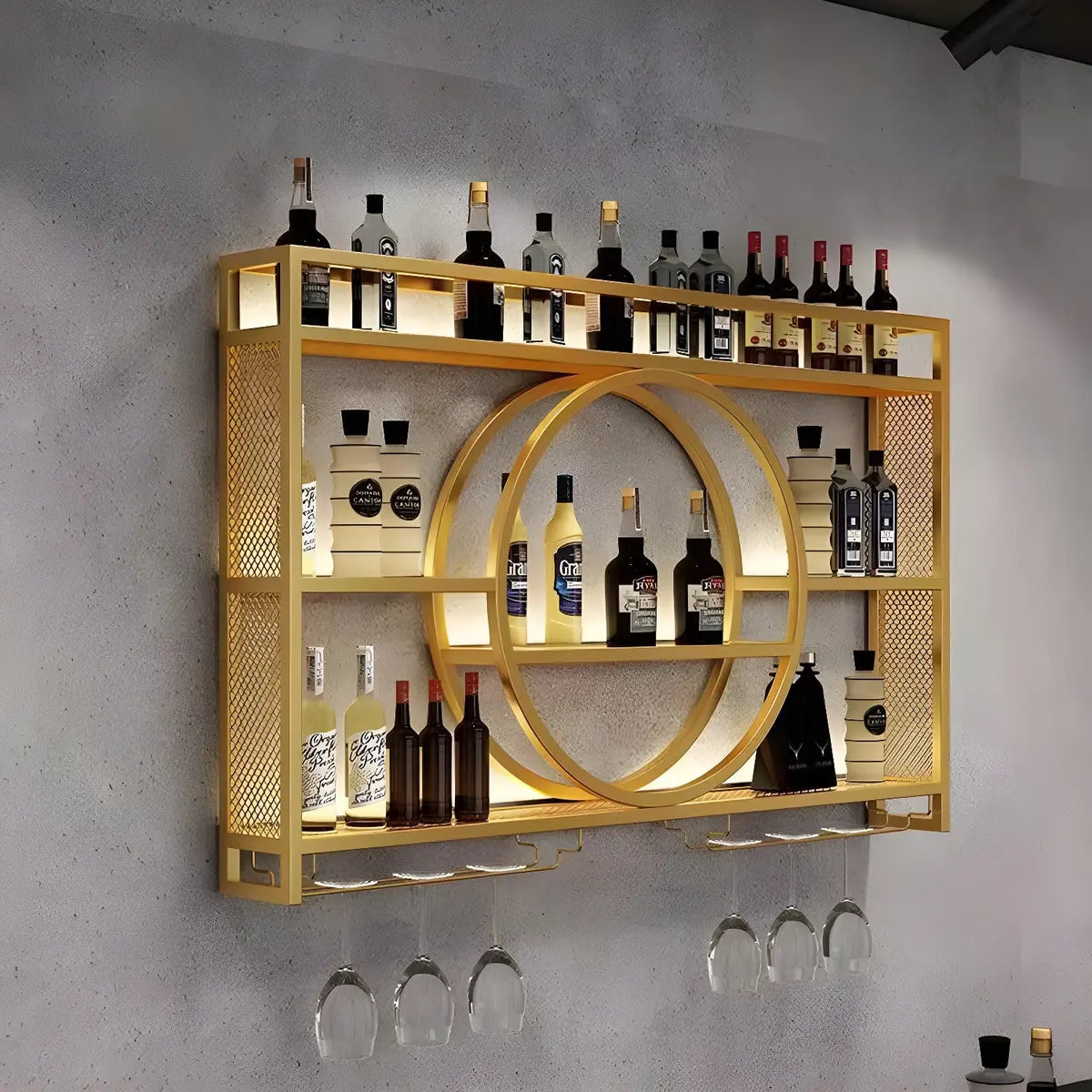Black Circular Metal Wall Wine Rack with Shelf — Black