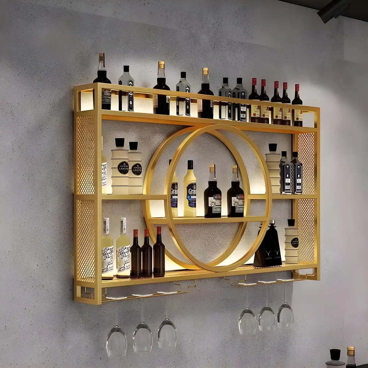 Black Circular Metal Wall Wine Rack with Shelf — Black