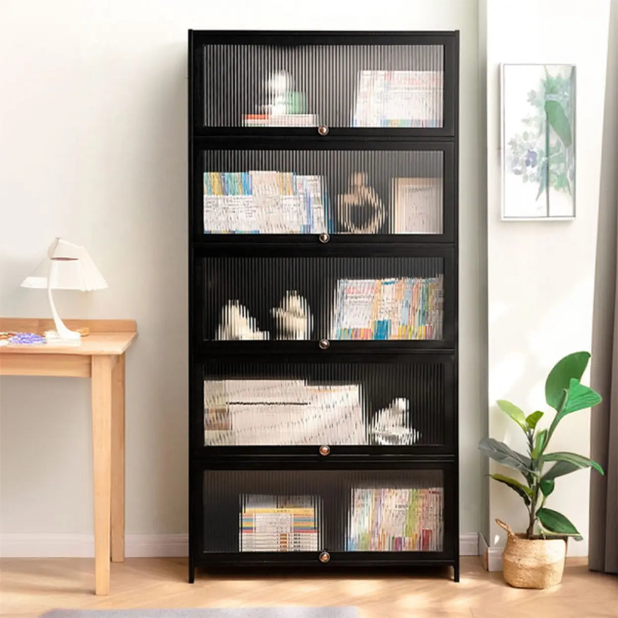 Black Closed-Back Wood Vertical Bookcase — Clear Acrylic