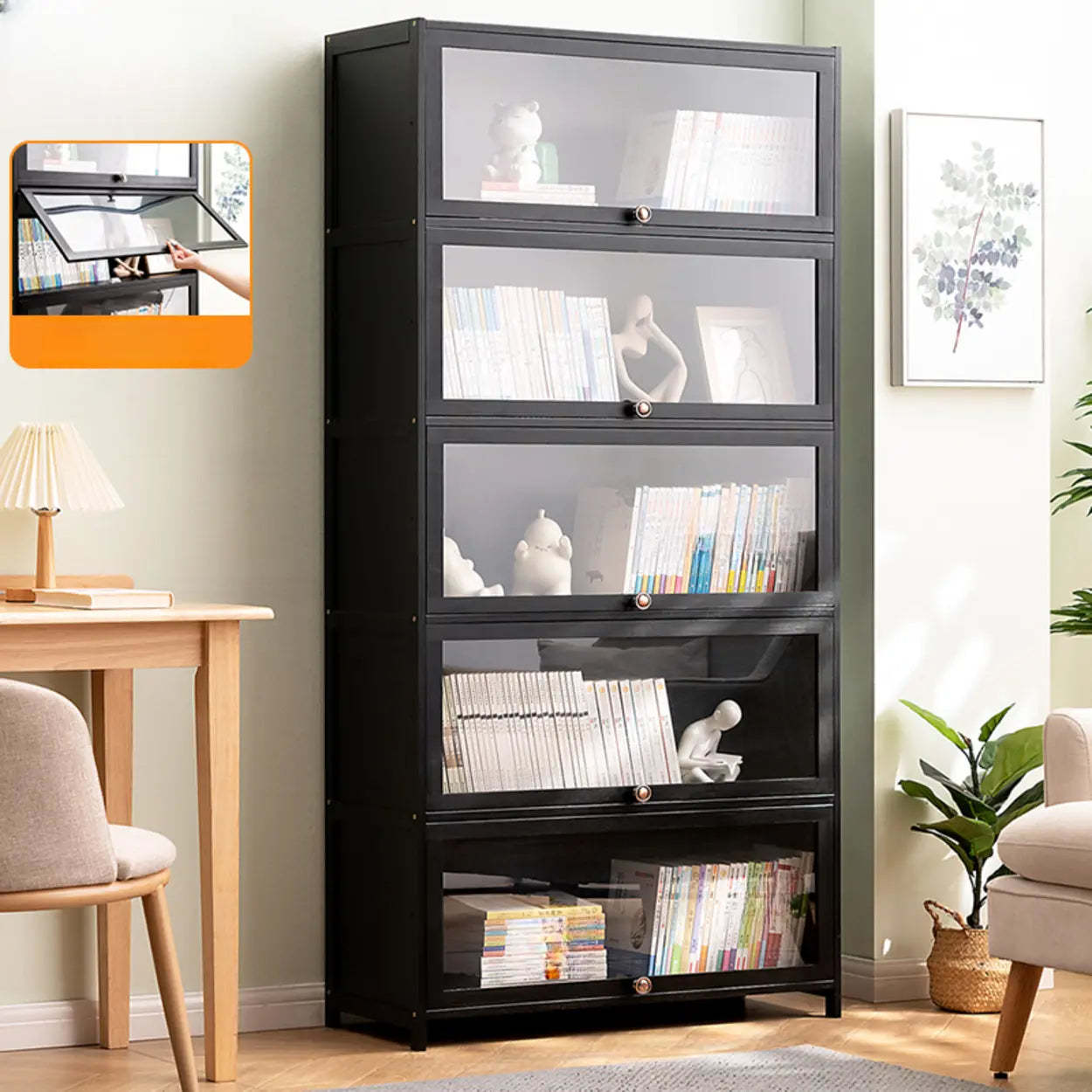 Black Closed-Back Wood Vertical Bookcase — Clear Acrylic