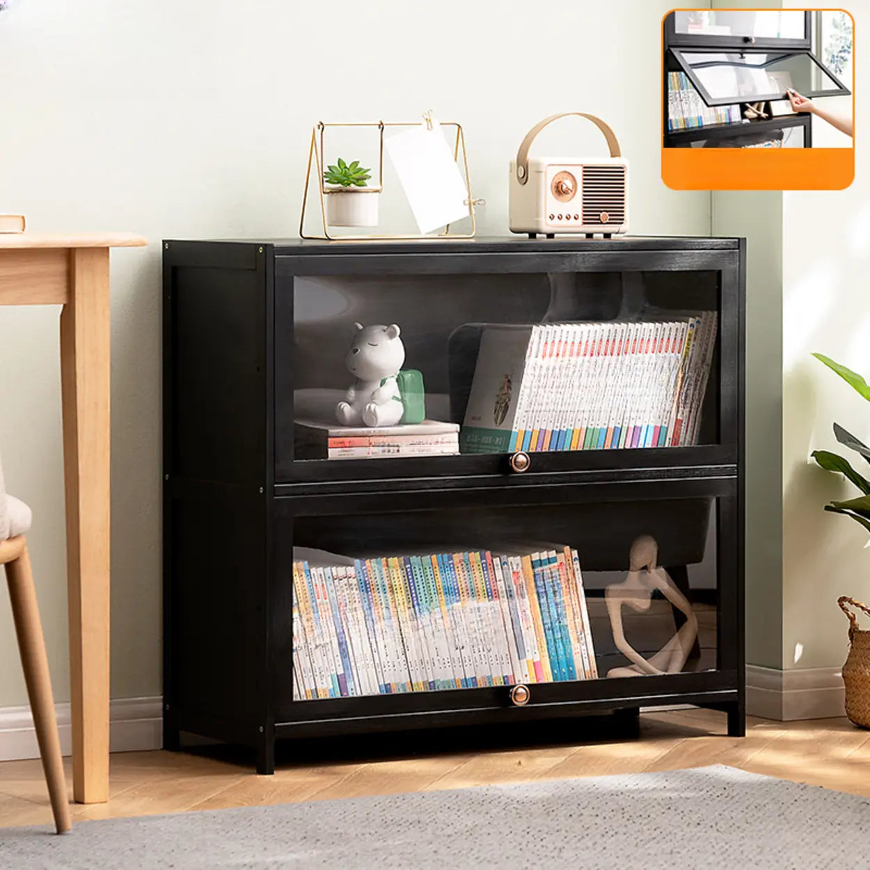 Black Closed-Back Wood Vertical Bookcase — Clear Acrylic