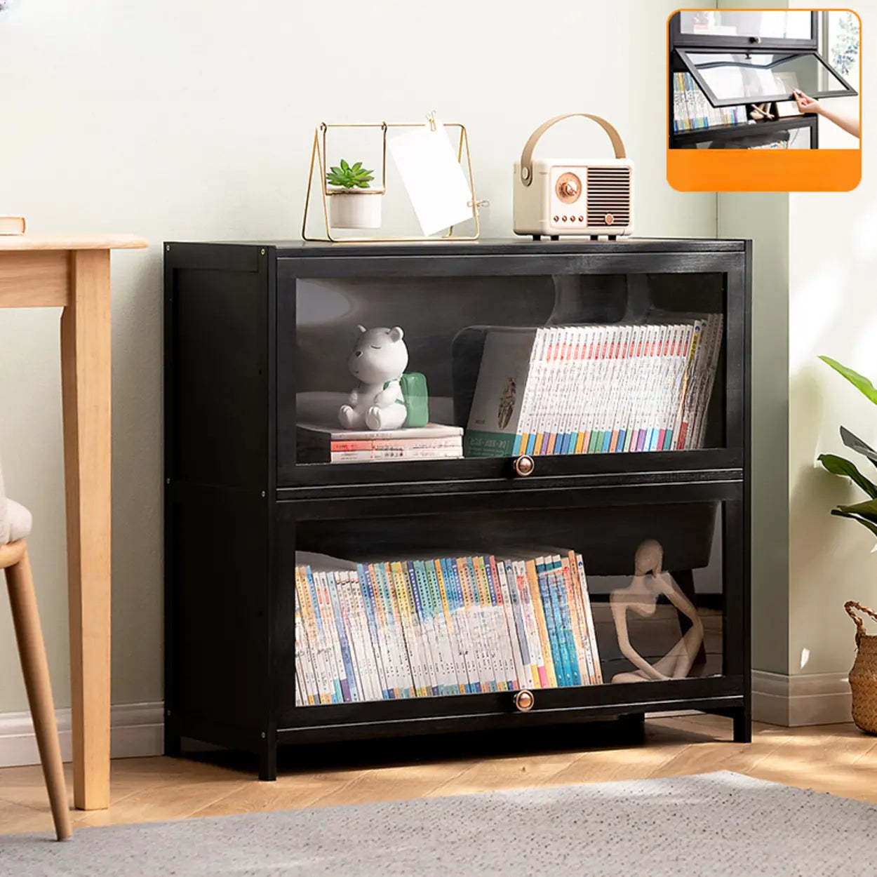 Black Closed-Back Wood Vertical Bookcase — Clear Acrylic
