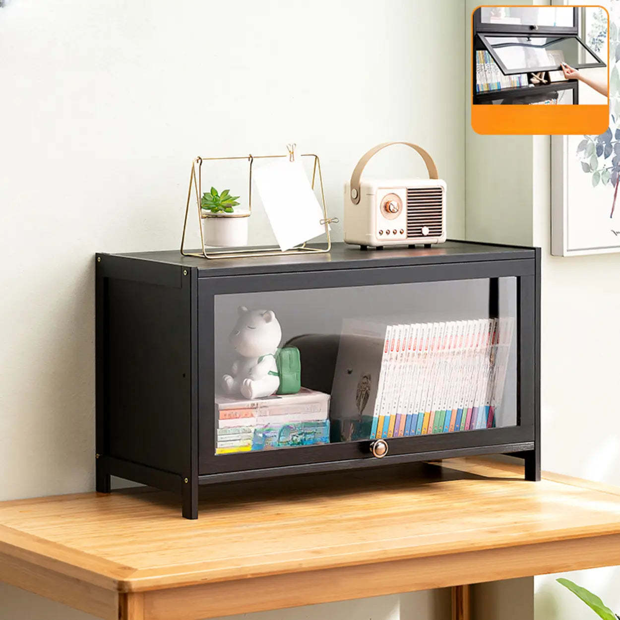 Black Closed-Back Wood Vertical Bookcase — Clear Acrylic