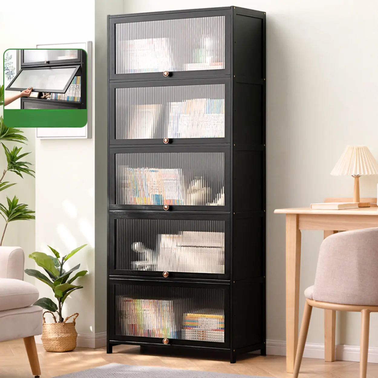 Black Closed-Back Wood Vertical Bookcase — Clear Acrylic