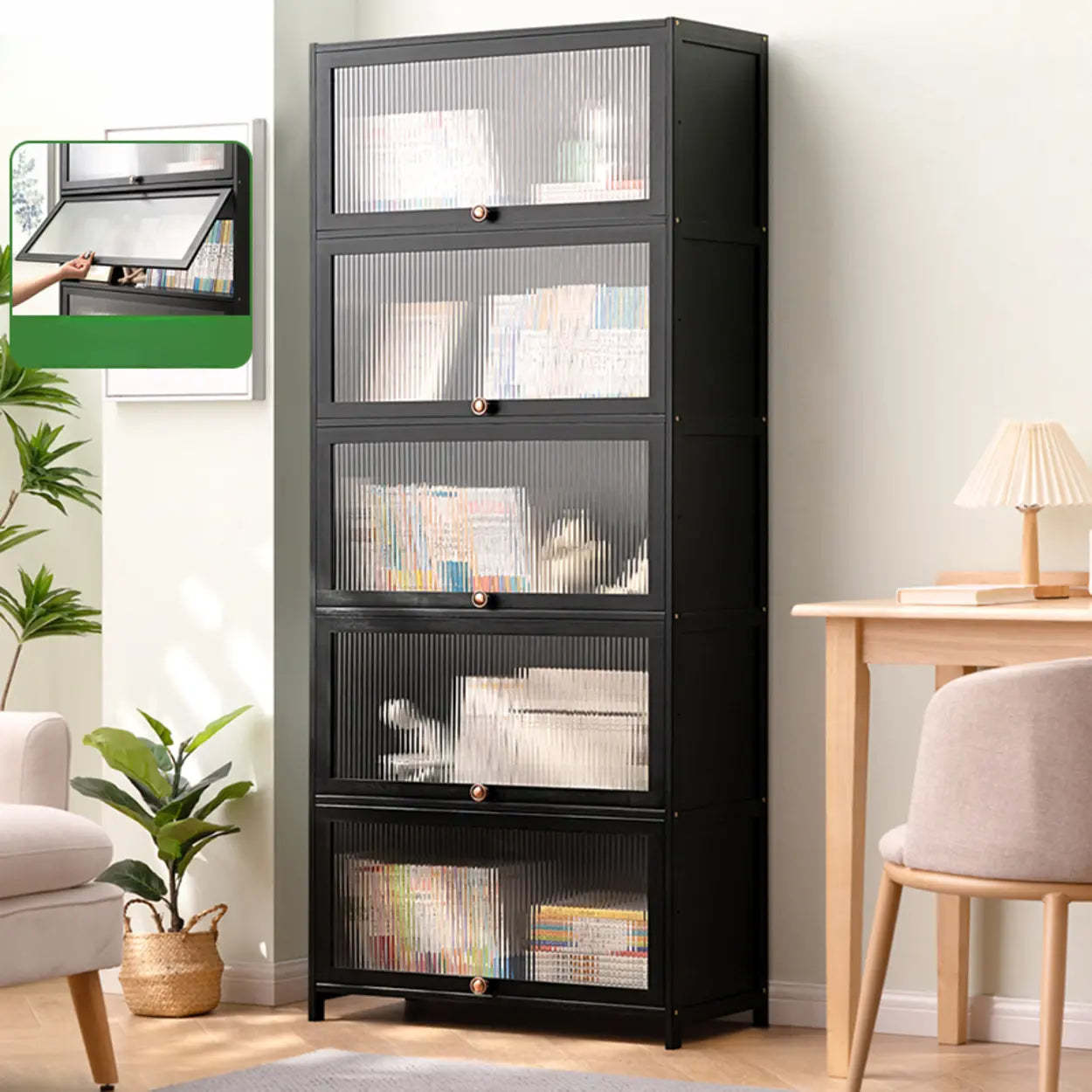 Black Closed-Back Wood Vertical Bookcase — Clear Acrylic