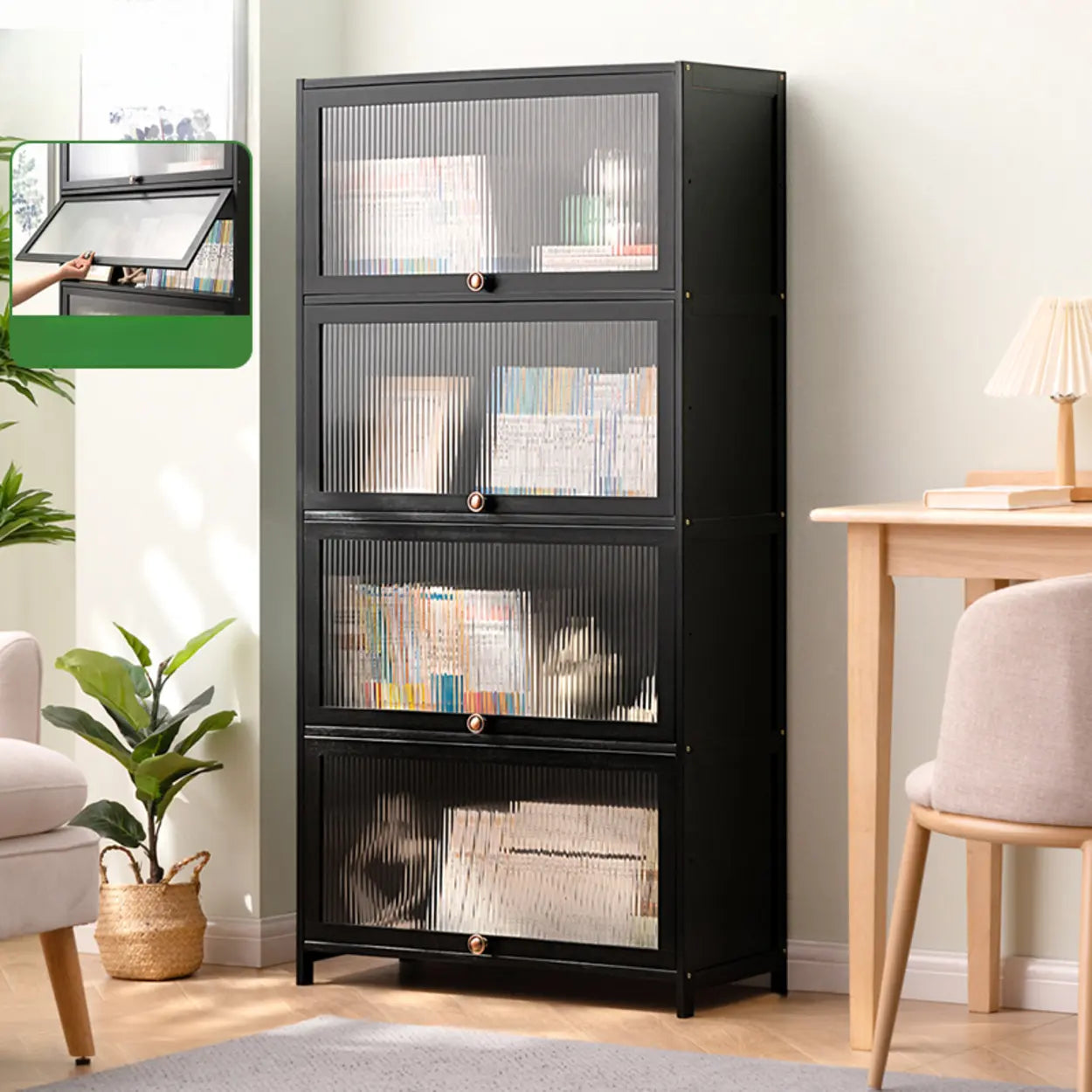 Black Closed-Back Wood Vertical Bookcase — Clear Acrylic