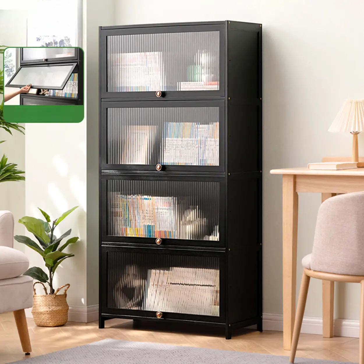 Black Closed-Back Wood Vertical Bookcase — Clear Acrylic