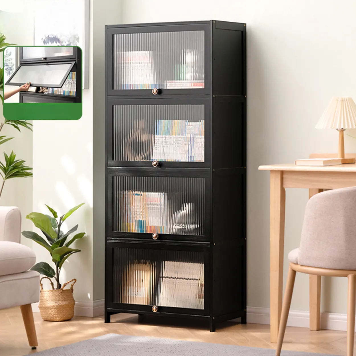 Black Closed-Back Wood Vertical Bookcase — Clear Acrylic