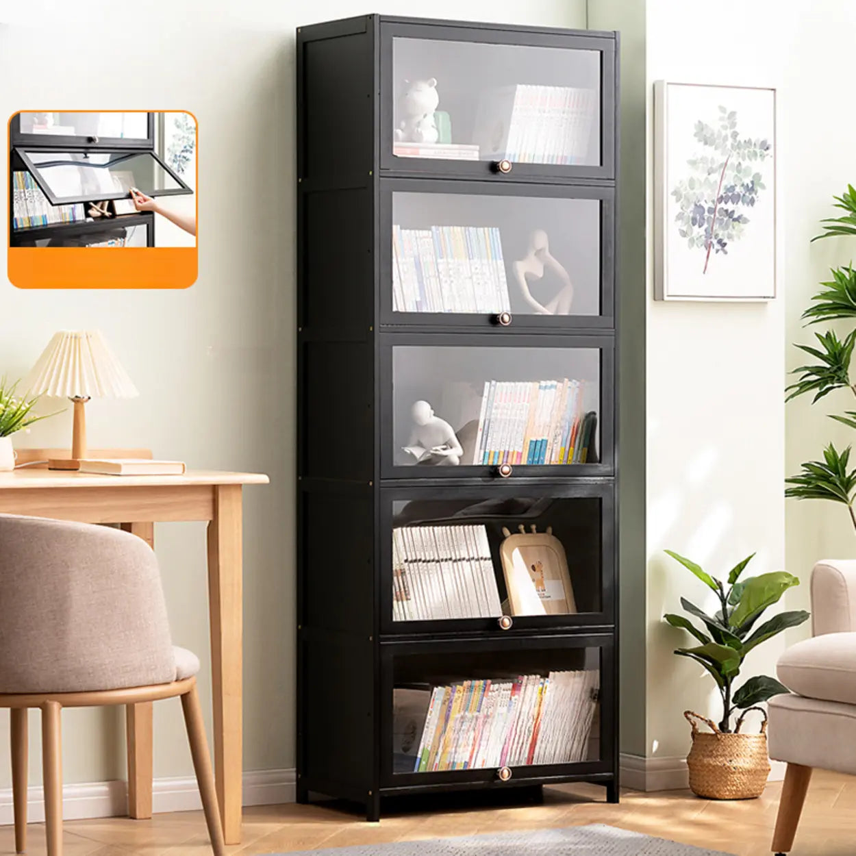 Black Closed-Back Wood Vertical Bookcase — Embossed Acrylic