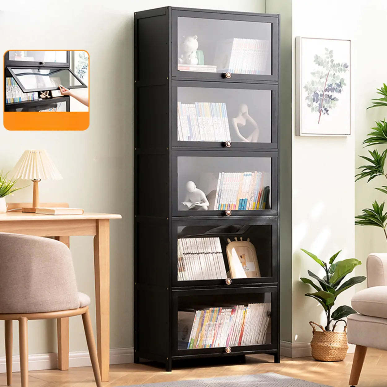 Black Closed-Back Wood Vertical Bookcase — Embossed Acrylic