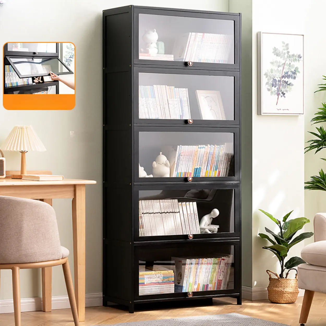 Black Closed-Back Wood Vertical Bookcase — Embossed Acrylic