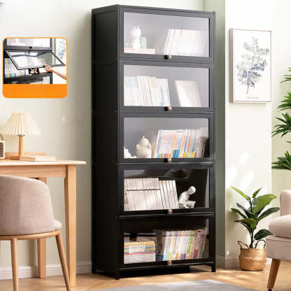 Black Closed-Back Wood Vertical Bookcase — Embossed Acrylic