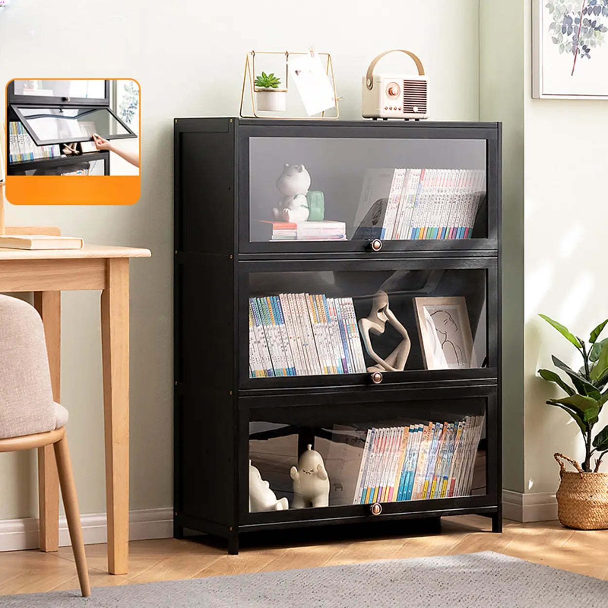 Black Closed-Back Wood Vertical Bookcase — Embossed Acrylic