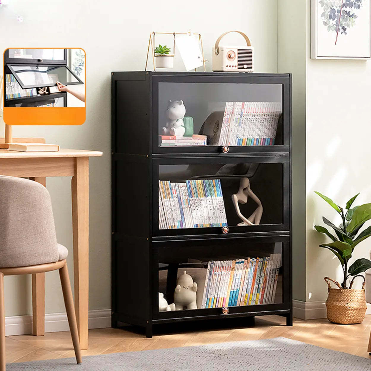 Black Closed-Back Wood Vertical Bookcase — Embossed Acrylic