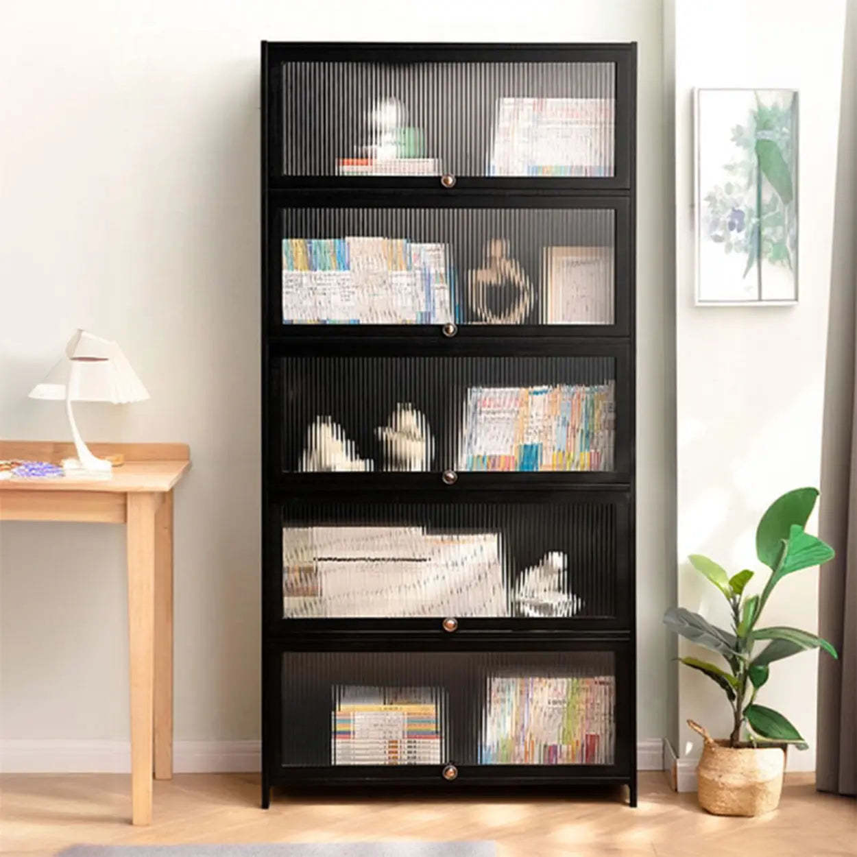 Black Closed-Back Wood Vertical Bookcase — Clear Acrylic