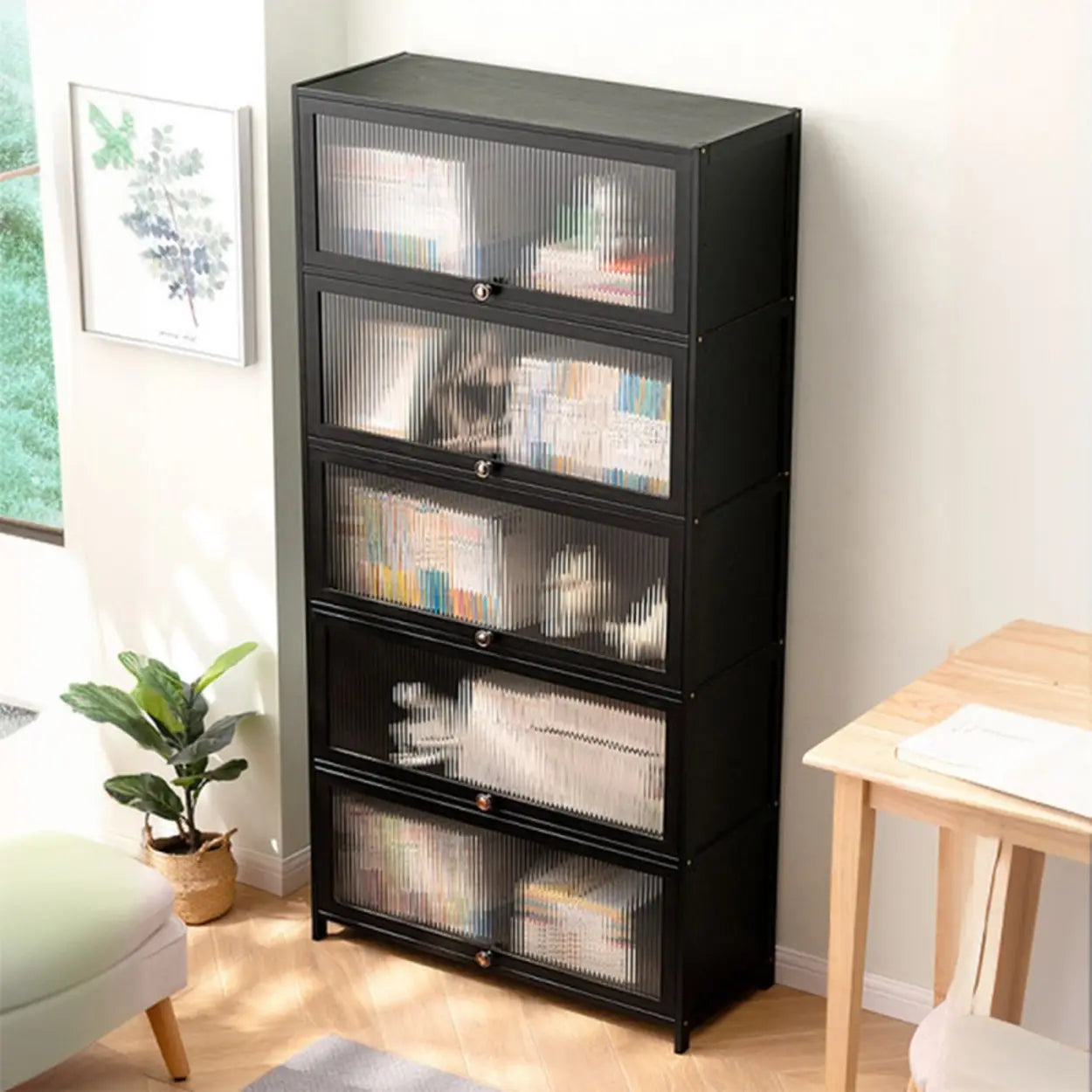 Black Closed-Back Wood Vertical Bookcase — Clear Acrylic