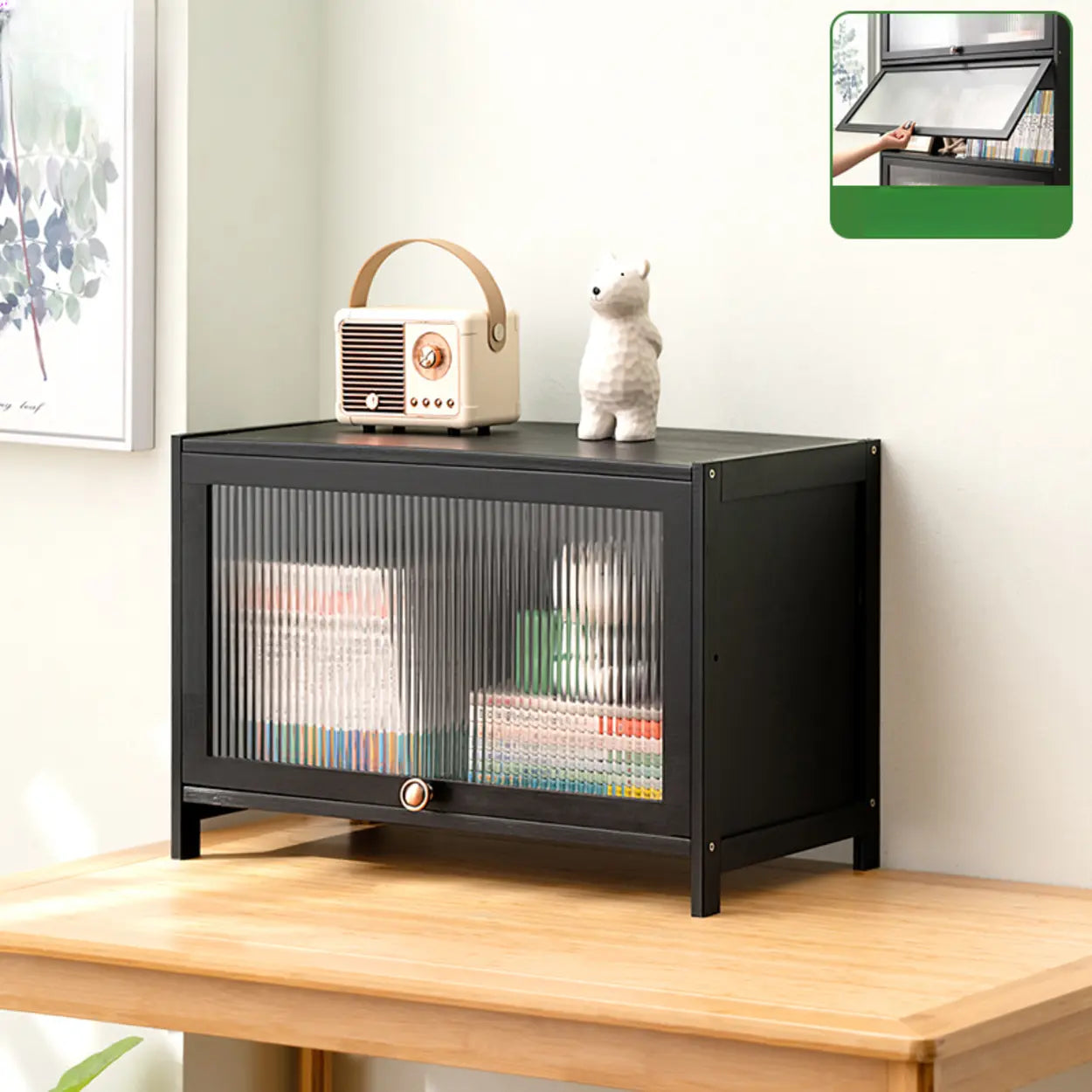 Black Closed-Back Wood Vertical Bookcase — Embossed Acrylic