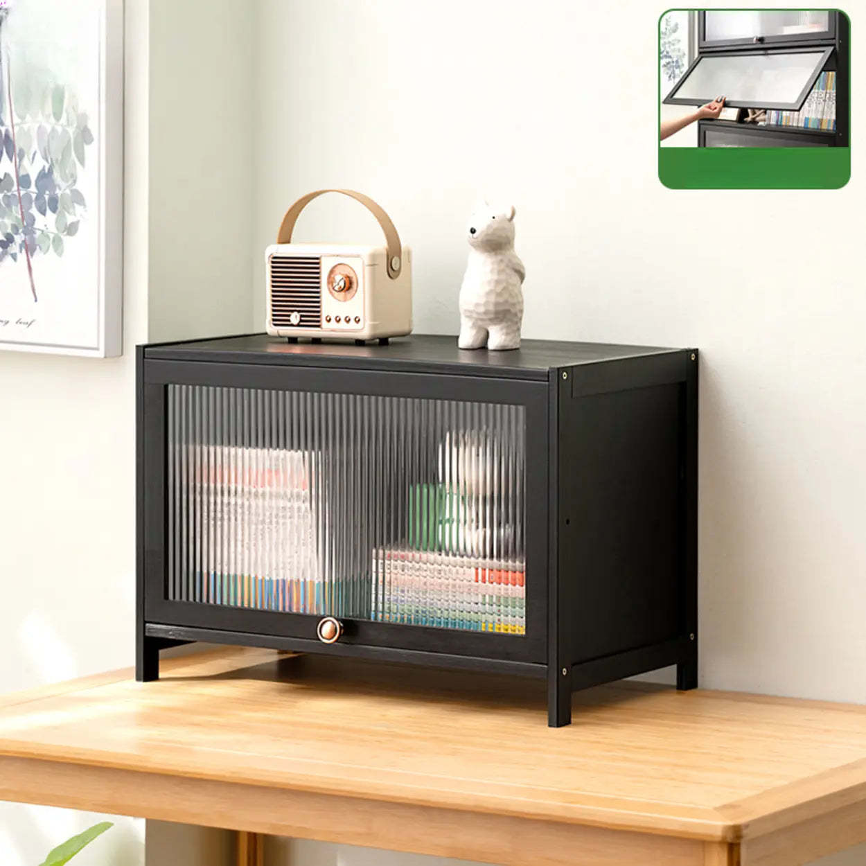 Black Closed-Back Wood Vertical Bookcase — Embossed Acrylic