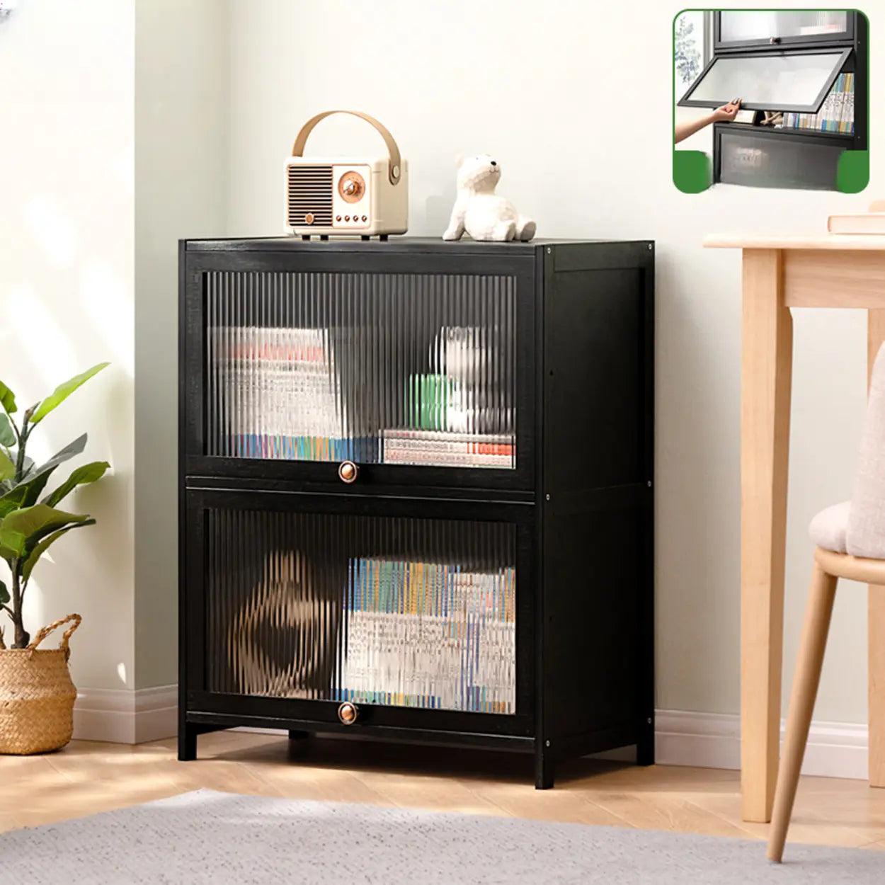 Black Closed-Back Wood Vertical Bookcase — Embossed Acrylic