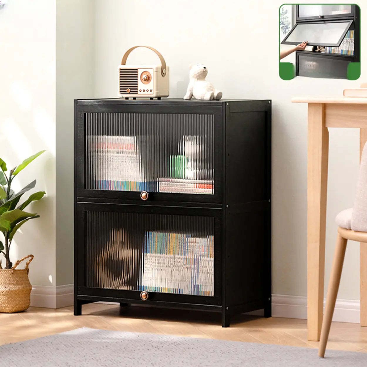 Black Closed-Back Wood Vertical Bookcase — Embossed Acrylic