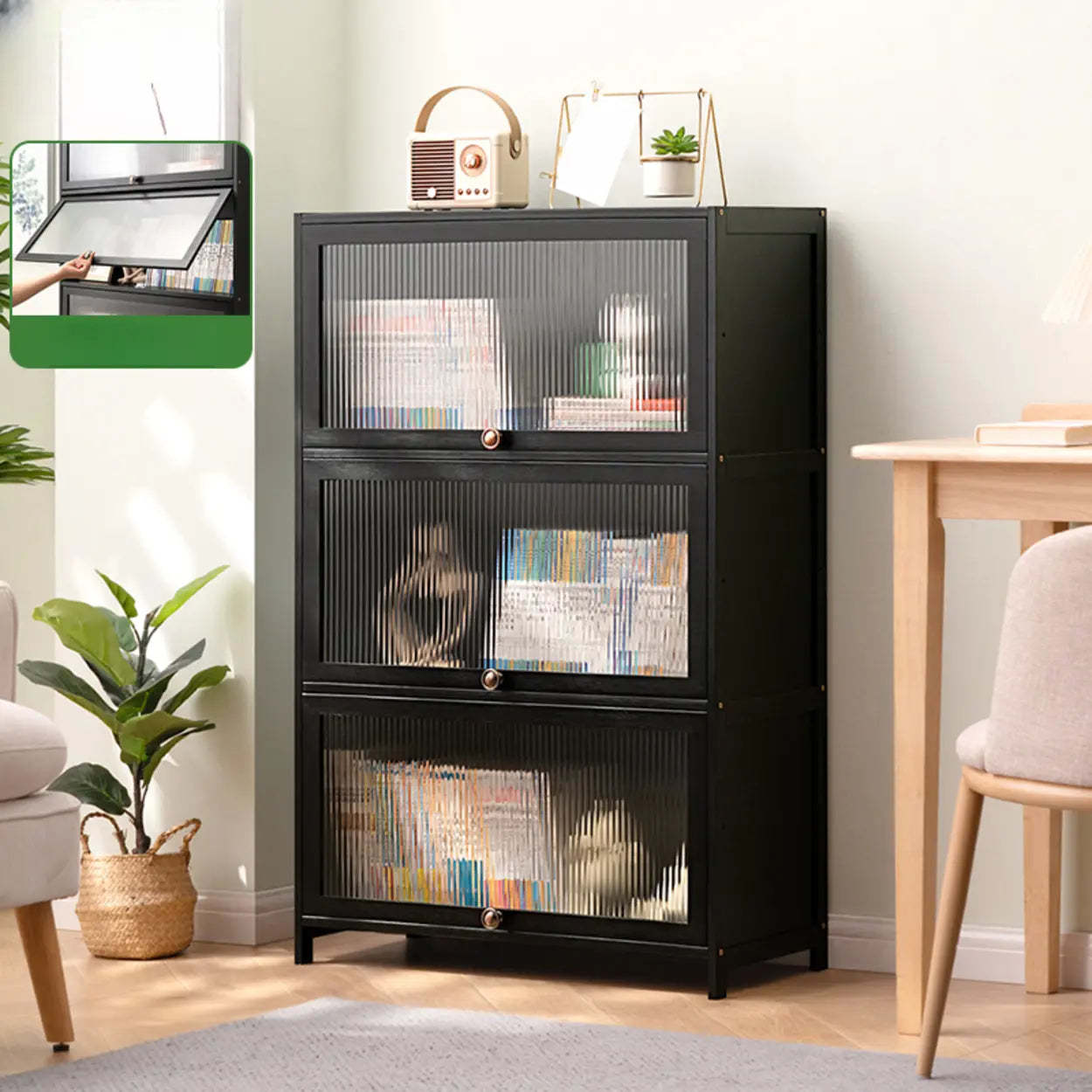 Black Closed-Back Wood Vertical Bookcase — Embossed Acrylic