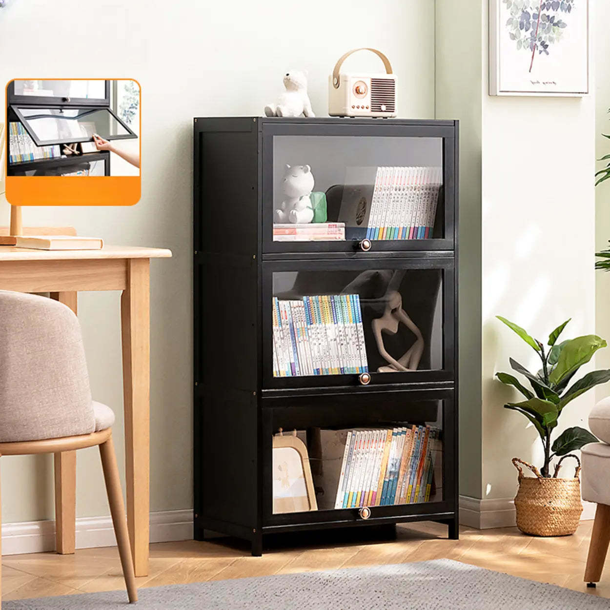 Black Closed-Back Wood Vertical Bookcase — Embossed Acrylic