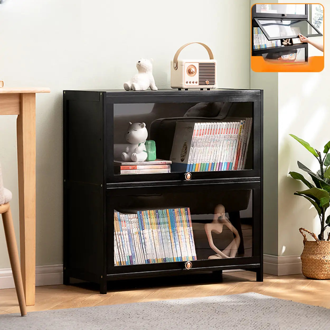 Black Closed-Back Wood Vertical Bookcase — Embossed Acrylic
