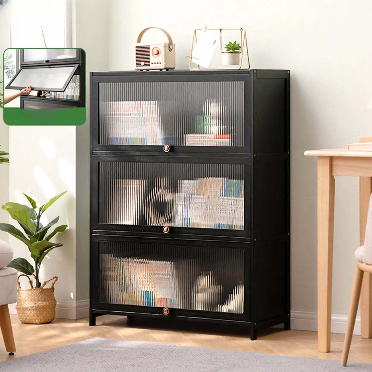 Black Closed-Back Wood Vertical Bookcase — Embossed Acrylic
