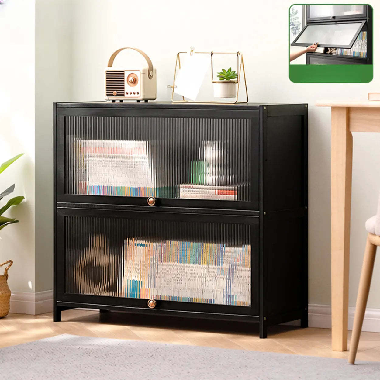Black Closed-Back Wood Vertical Bookcase — Embossed Acrylic