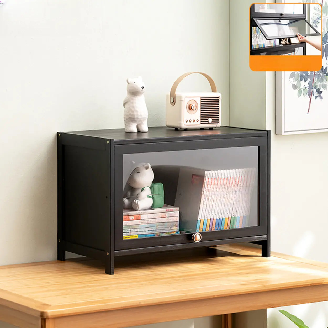 Black Closed-Back Wood Vertical Bookcase — Embossed Acrylic