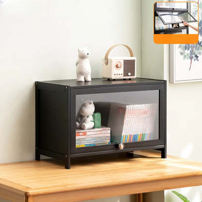 Black Closed-Back Wood Vertical Bookcase — Embossed Acrylic