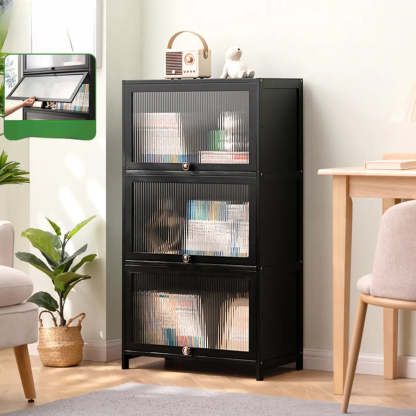 Black Closed-Back Wood Vertical Bookcase — Embossed Acrylic