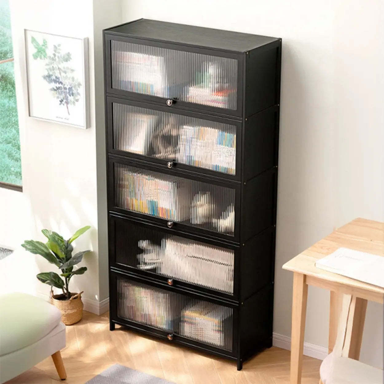 Black Closed-Back Wood Vertical Bookcase — Clear Acrylic